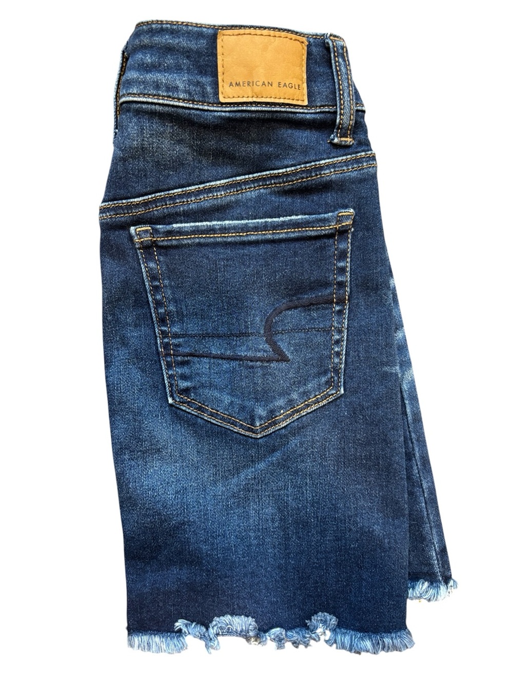 American Eagle Dark Wash Denim Skirt with Frayed Hem Next Level Stretch 00